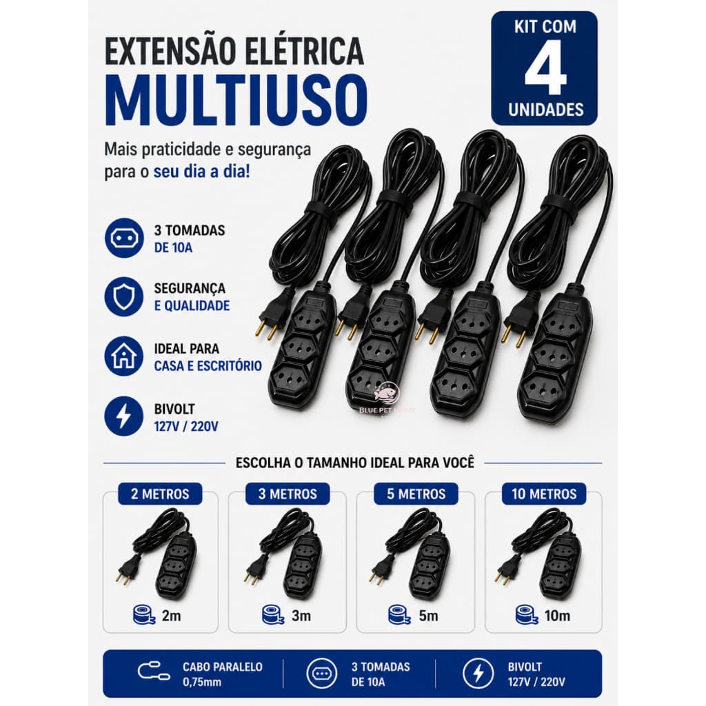 Kit 4 Extensão Elétrica 2, 3, 5 ou 10 metros - 3 Tomadas/Bivolt