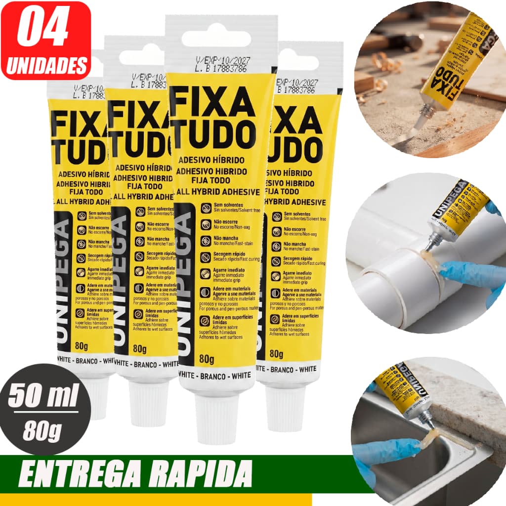 kit com 4 Colas Fixa Tudo Branco 80gr cola até Debaixo D'agua Metais Concreto Vidros Pedras