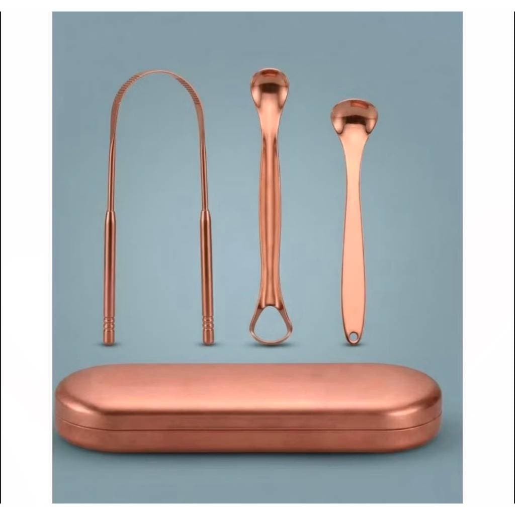 Kit Limpador de Língua em Aço Inoxidável 3 Peças com Estojo Remove Saburra e Mau Hálito