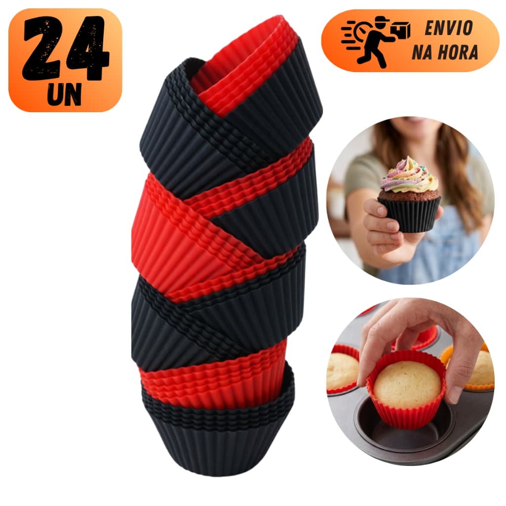 KIT MINI FORMA DE SILICONE VERMELHO E PRETO PARA ASSAR BOLOS FORMINHA DE CUPCAKE PARA COZINHA