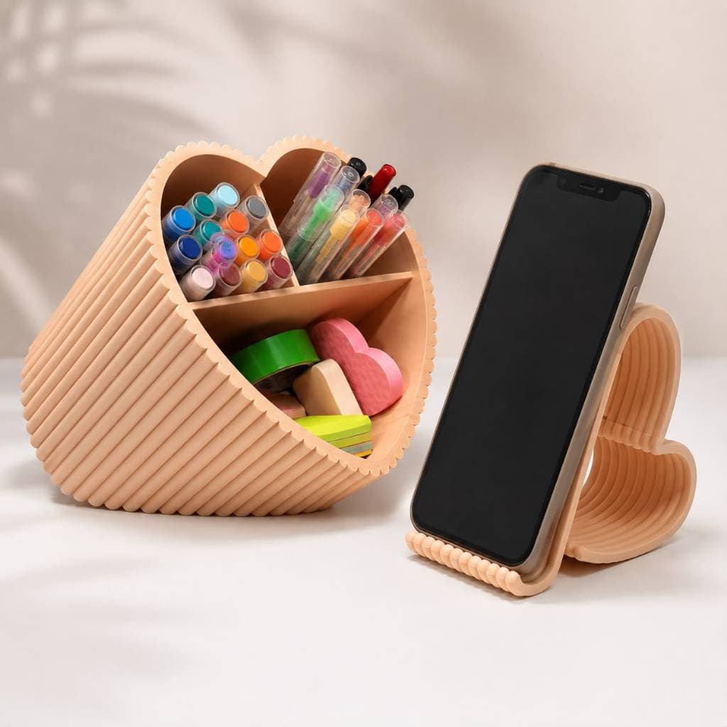 Kit Organizador Mesa Coração Porta Lápis Porta Pincéis Maquiagem Suporte Celular Tablet Decoração