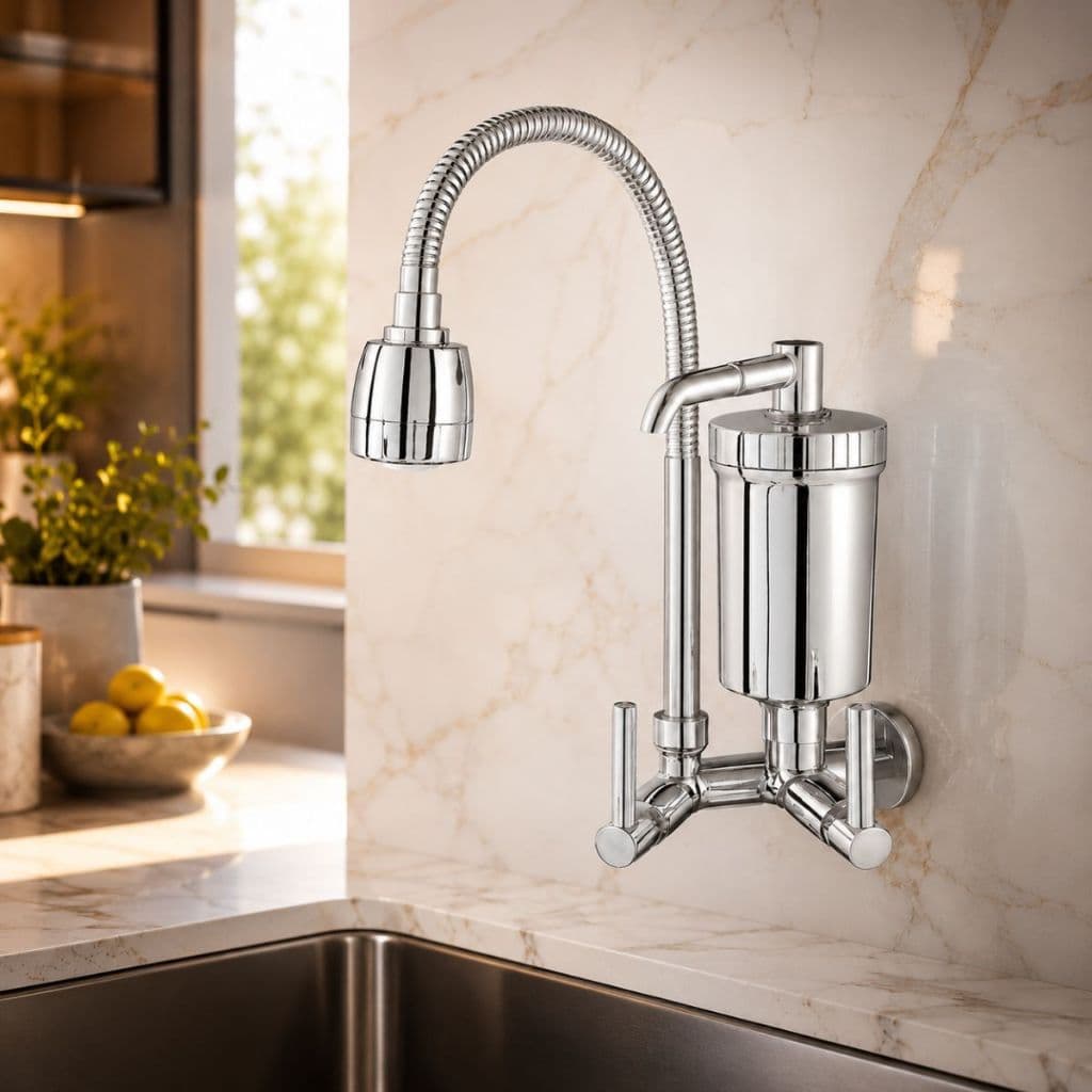 Torneira Filtro de Parede Cromada Gourmet Cozinha Flexível Jato Duplo 1/4 de volta Luxo