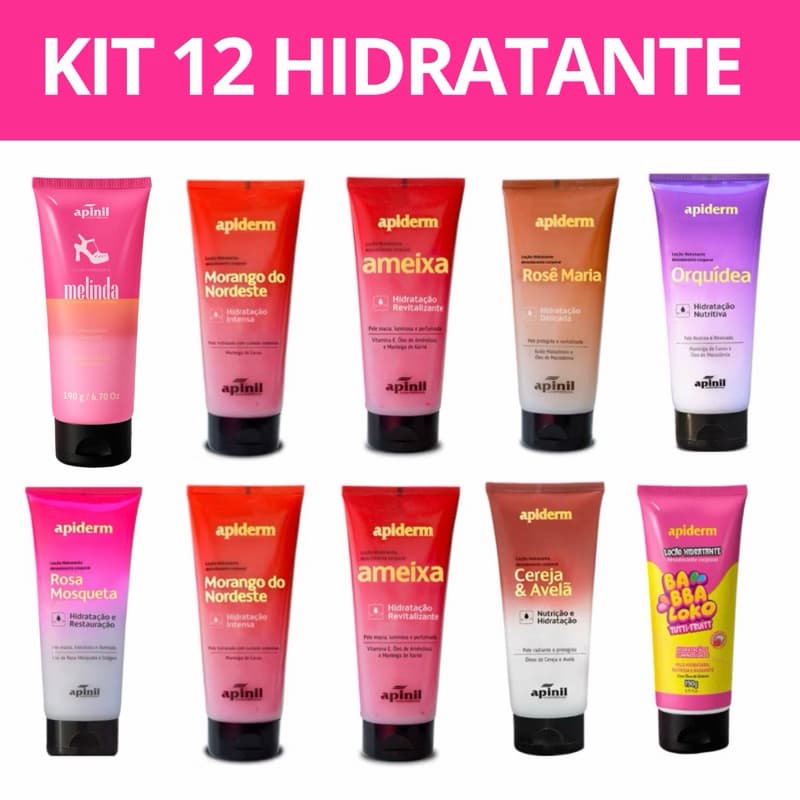 Kit 12 Loção Hidratante Corporal Apinil Hidratação Profunda Pele Macia e Perfumada