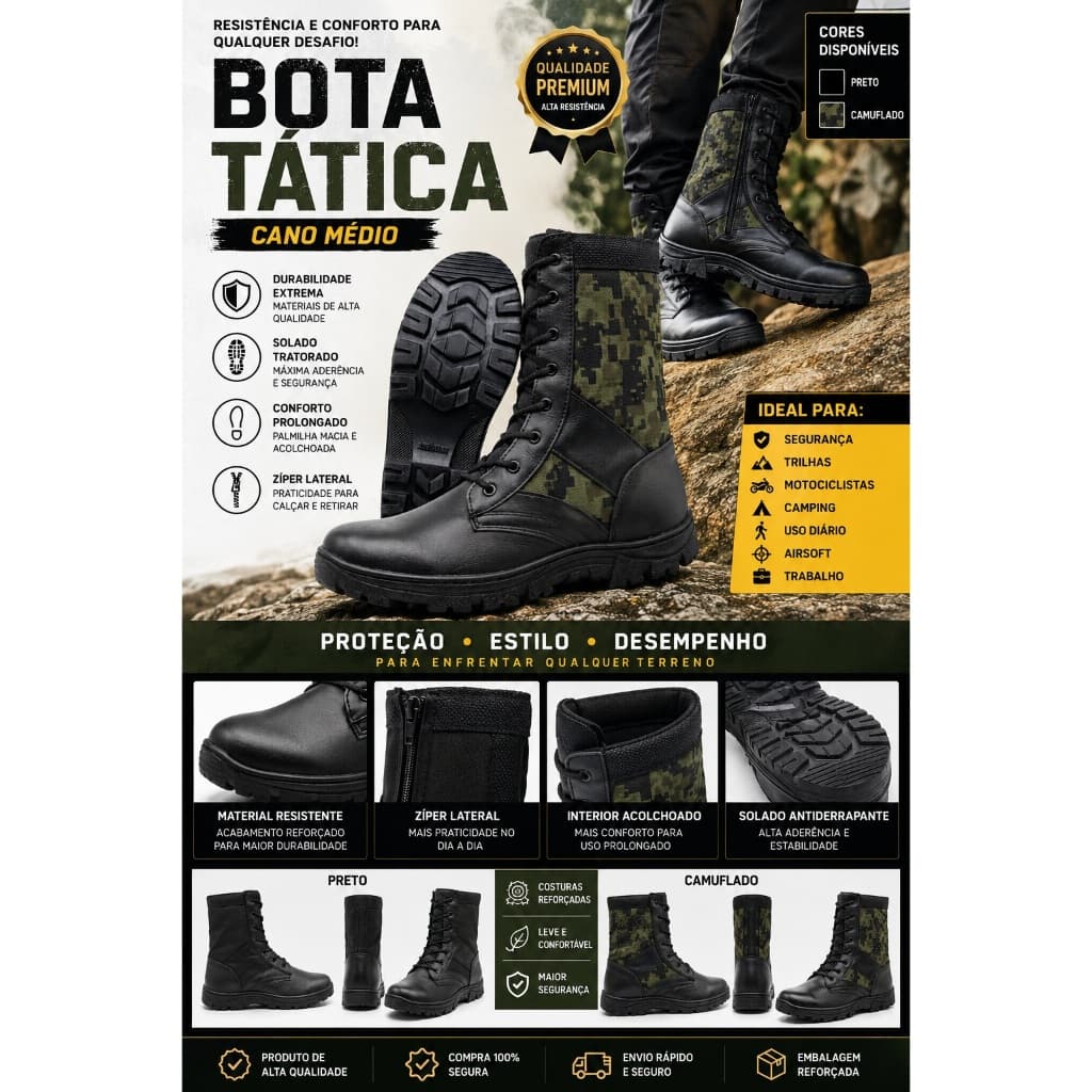 Bota Tática Militar Cano Médio Masculina com Zíper Lateral Solado Tratorado Antiderrapante Preta Camuflada