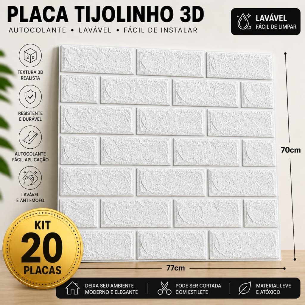 Lote 20 Placas Tijolinho Autocolante 70x77 Decoração Ambientes