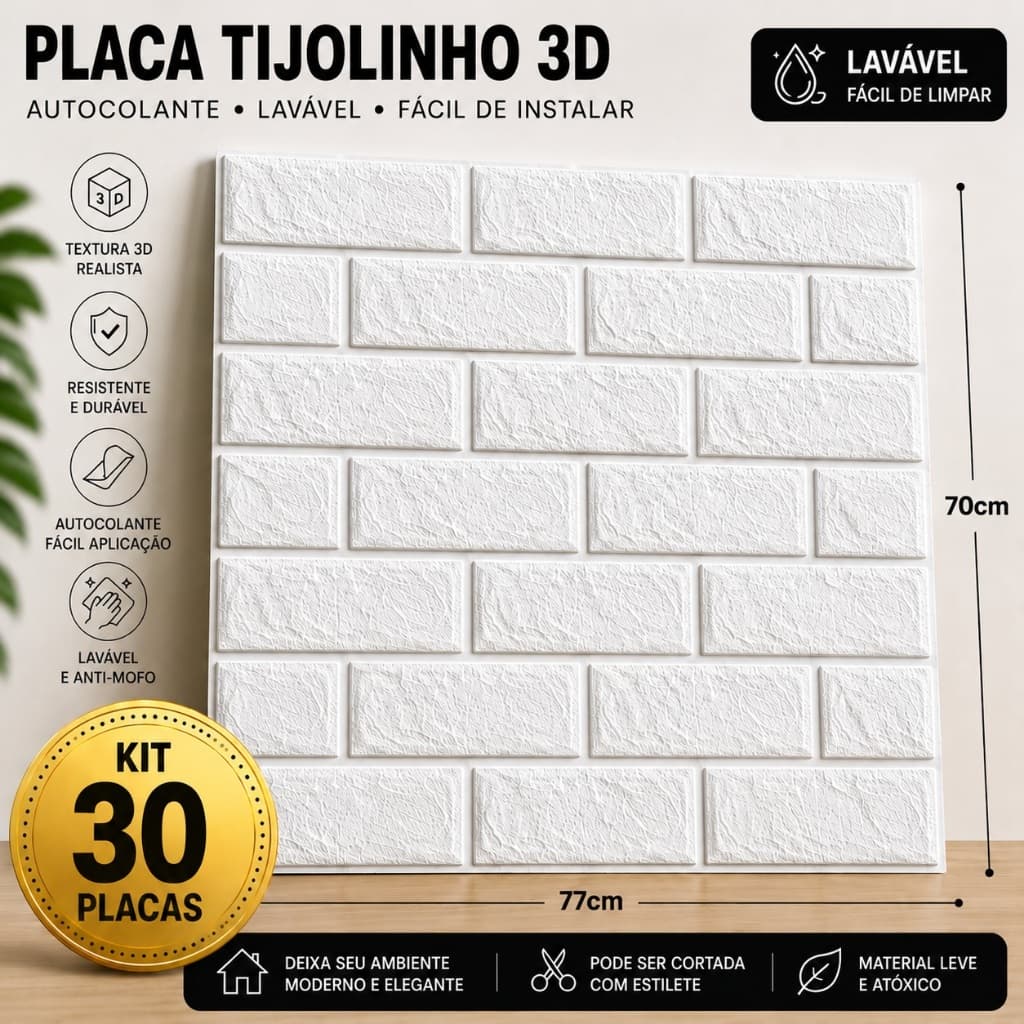 Lote 30 Placas Tijolinho Autocolante 70x77 Decoração Ambientes