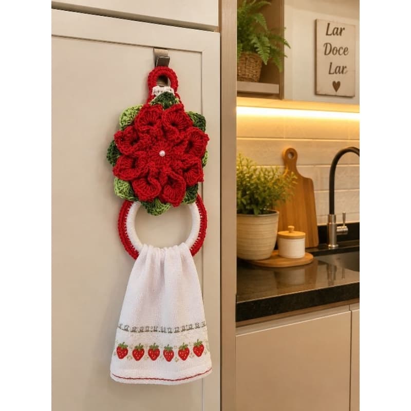 Porta Pano de Prato em Crochê Flor Vermelha | Pronta Entrega | Artesanal