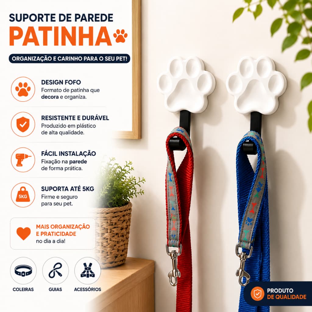 Suporte de Parede Patinha para Coleira de Cachorro Gancho Organizador de Guias e Acessórios Pet