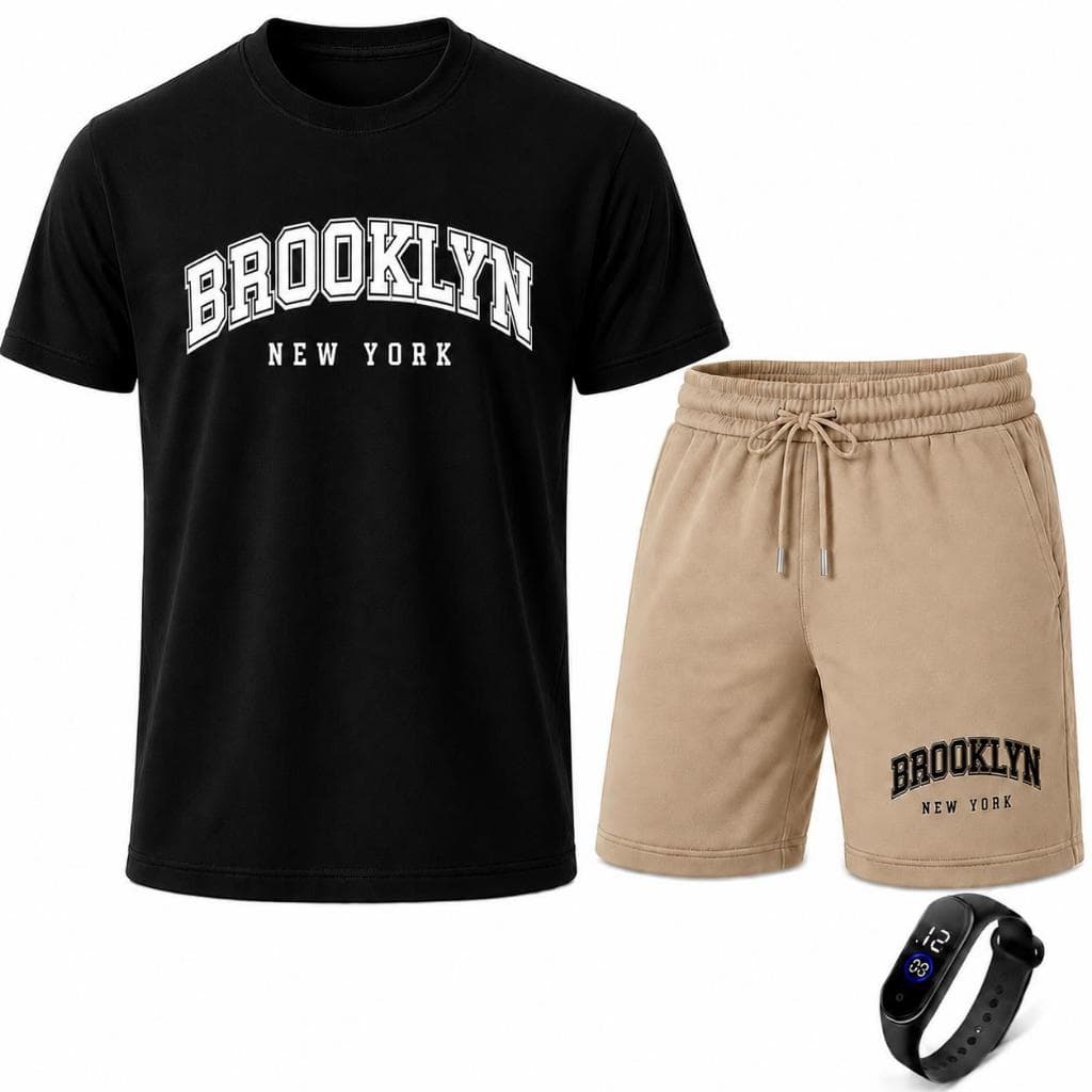 Kit Bermuda e Camiseta Masculina Brooklyn + Relógio de Brinde