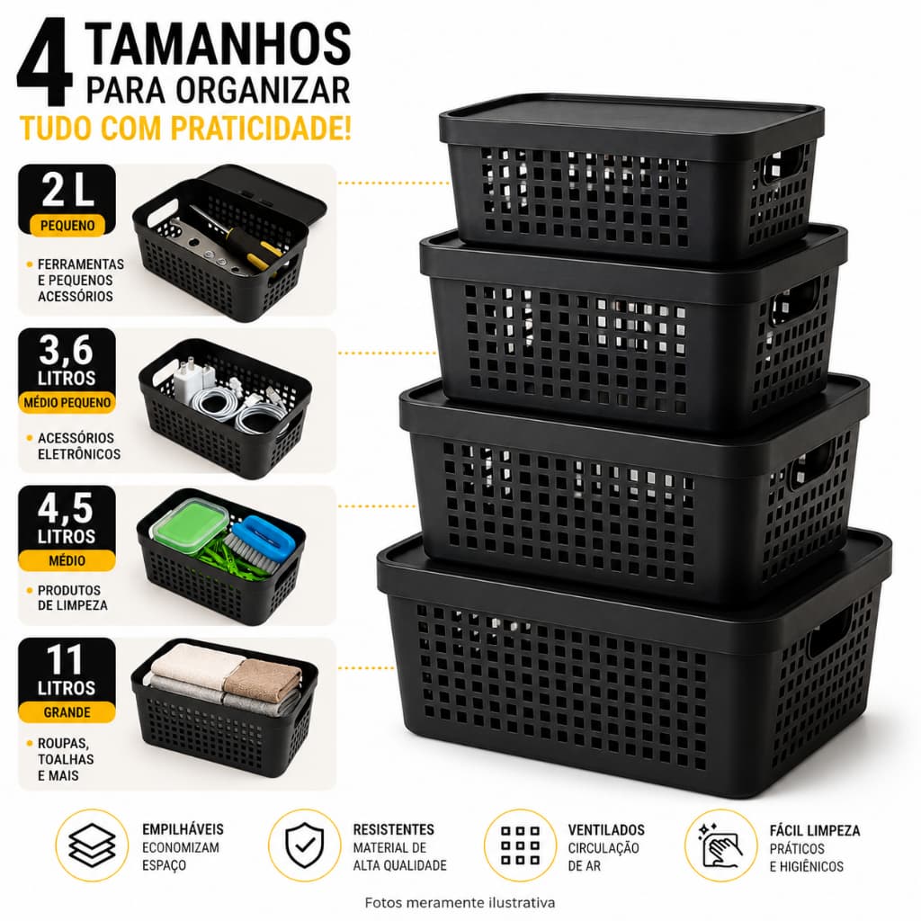 Lp Hause Kit 04 Cesto Organizador Cor Preto Lisa Casa Decoração Caixas de Armazenamento