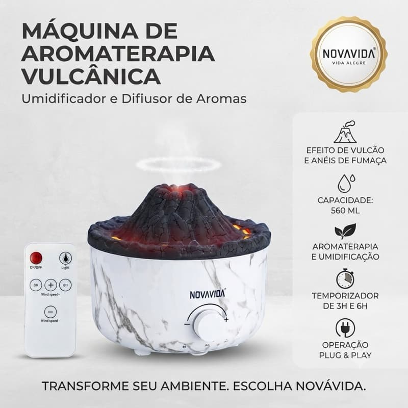 Umidificador e Aromatizador Máquina de Aromaterapia Vulcânica Difusor Ultrassônico LED Simulação de Chamas 560ml Bivolt