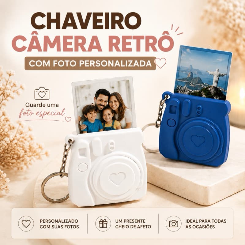 Chaveiro Câmera Polaroid Personalizável com Foto | Atacado | Presente Criativo Dia dos Pais Namorados Mãe Família