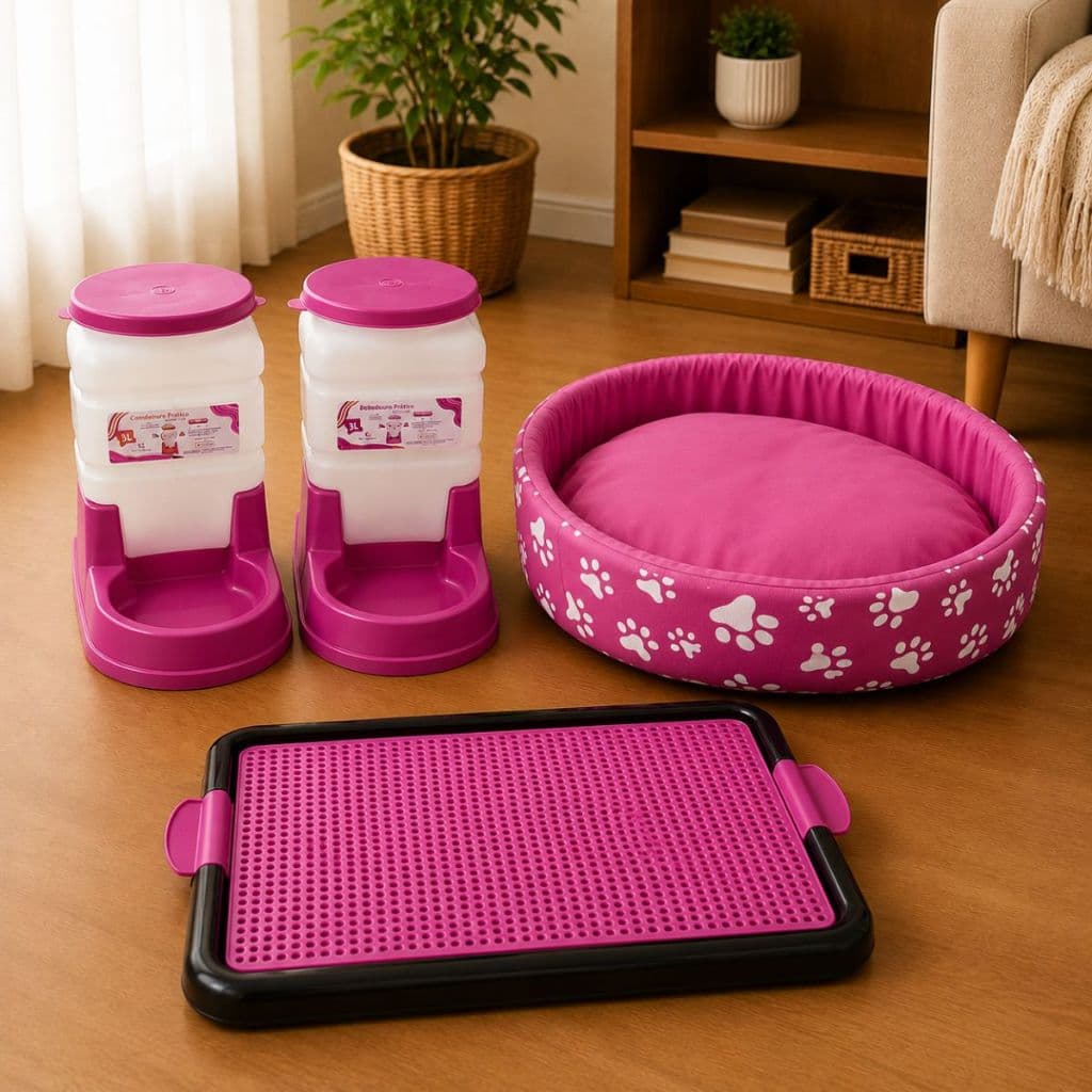 Kit Cachorro Caminha Pet + Sanitário Canino + Comedouro 3 Litros Bebedouro 3 Litros Automático Pet Cães Zuvy