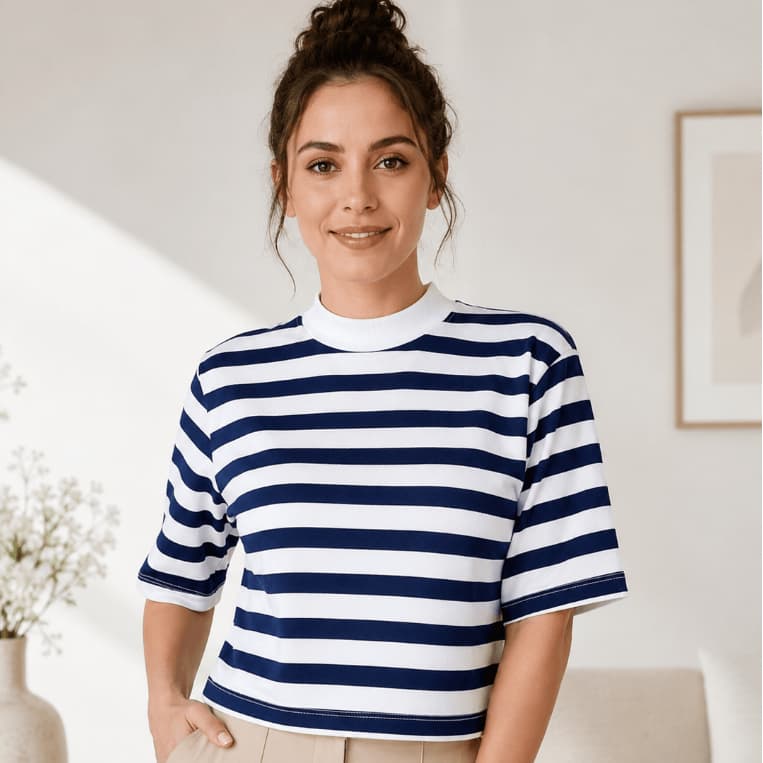 Semi Cropped Feminino Listrado Gola Alta Look Casual Tamanhos P M Em Algodão Com Elastano