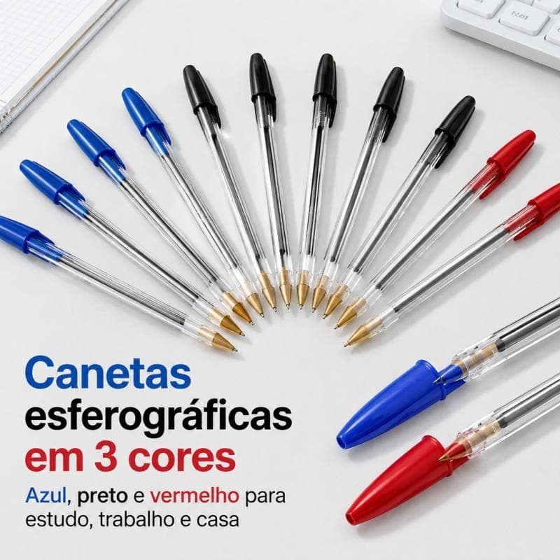 Kit De 50 Canetas Esferográficas Azul Preta Vermelha Ponta Média 0.5mm Tinta Permanente Para Estudos E Trabalho Qualidad