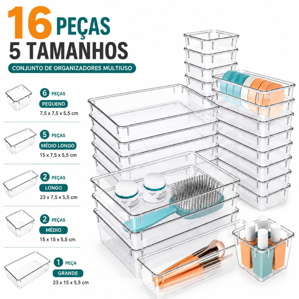 KIT 16  Organizador Multiuso, 5 Tamanhos,Caixas Transparentes para Gavetas,Ideal para Maquiagem,Escritório e Cozinha-R3
