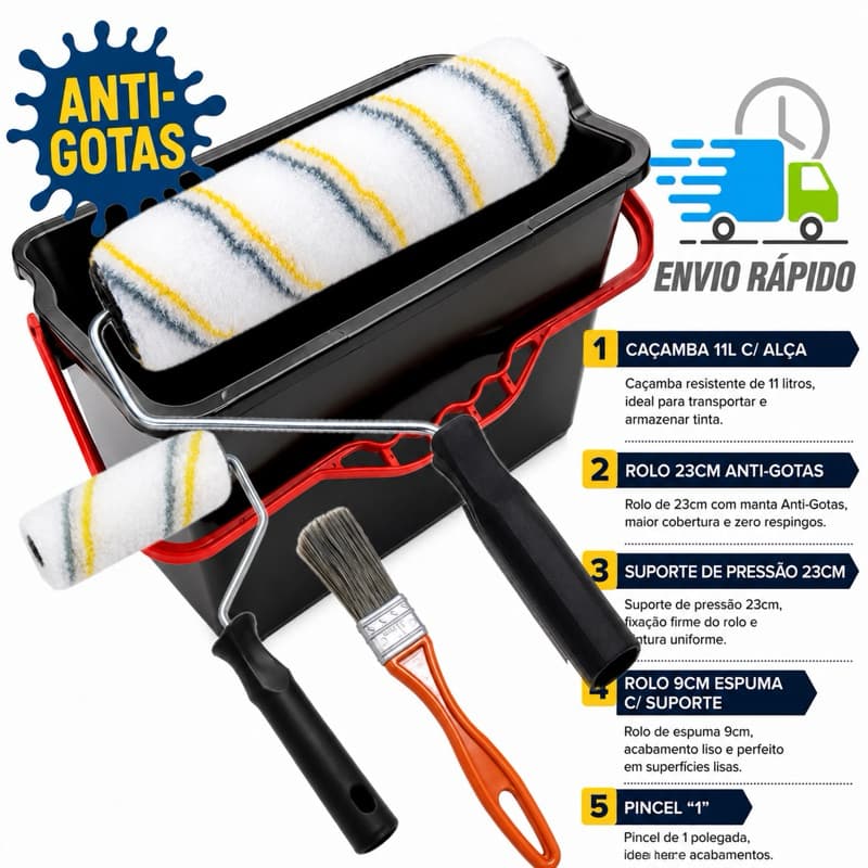 Kit Pintura 5Pçs Caçamba 11L C/Alça, Rolos 23cm/9cm Lã Microfibra Respingo Zero C/Suporte e Trincha