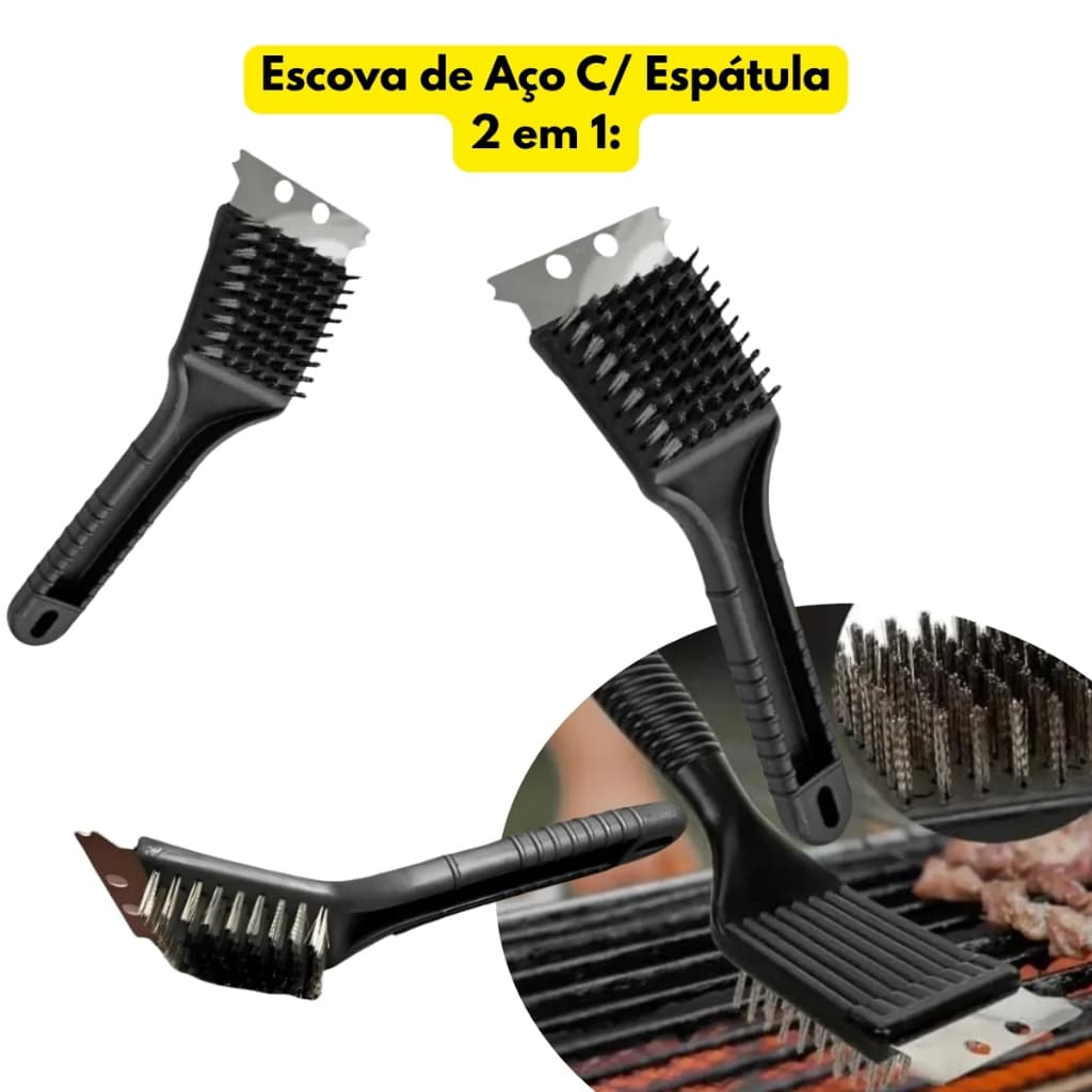 Escova Limpa Grelha Cerdas Aço Inox C/ Raspador 2 em 1 Churrasqueira Espátula Grande Limpeza Rápida