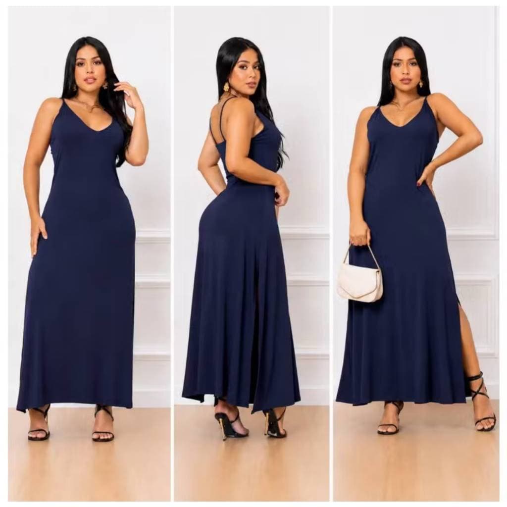 VESTIDO LONGO VISCOLYCRA DECOTE V COM ALÇA E FENDA LATERAL MODA FEMENINA DIVERSAS CORES