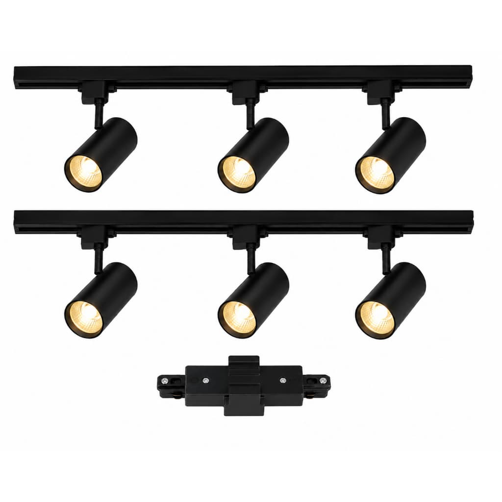 Trilho Eletrificado 2MT Preto + 6 Spots 30W Branco Quente Mayler + Emenda