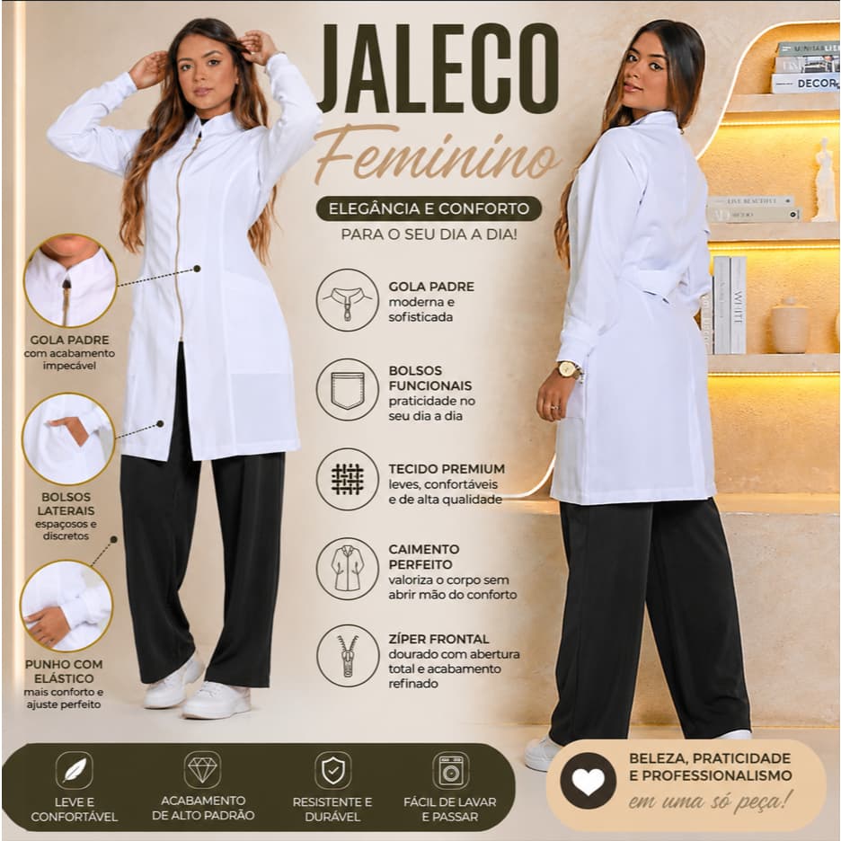 Jaleco Feminino Personalizado Bordado Acinturado Gabardine Premium Branco com Zíper
