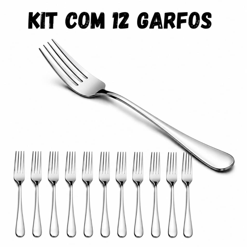 Kit 12 Garfos em Aço Inox 20,5cm Talheres Resistentes para Mesa Cozinha