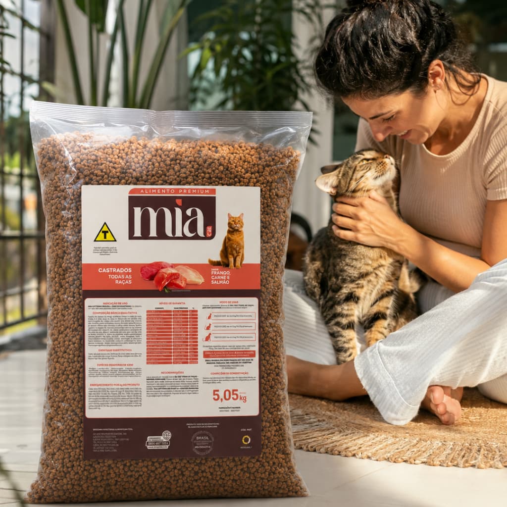 Ração Gato Castrado 5KG Mia Cat Premium Sem Corante Sabor Frango Carne Salmão 27% Proteína