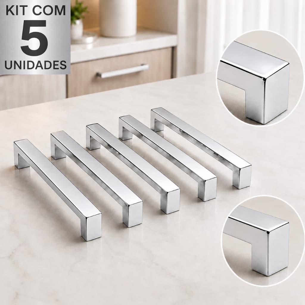 Kit 5 Puxadores Rezzo Il811 Inox Polido 160mm Alça Moveis Armarios Gavetas Portas
