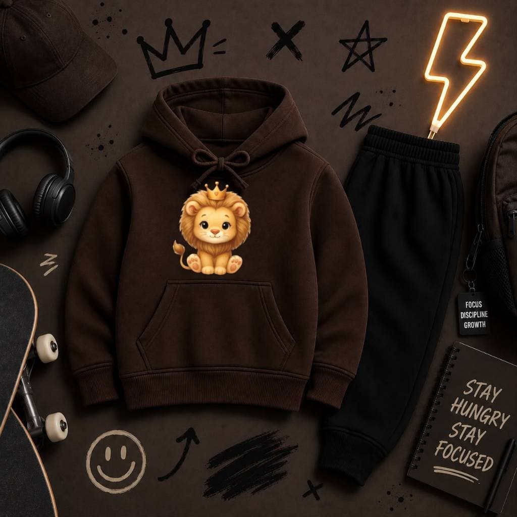 Conjunto Infantil Duas Peças Blusa e Calça Moletom Flanelada Premium Estampa Exclusiva de Leão Fofo Confort
