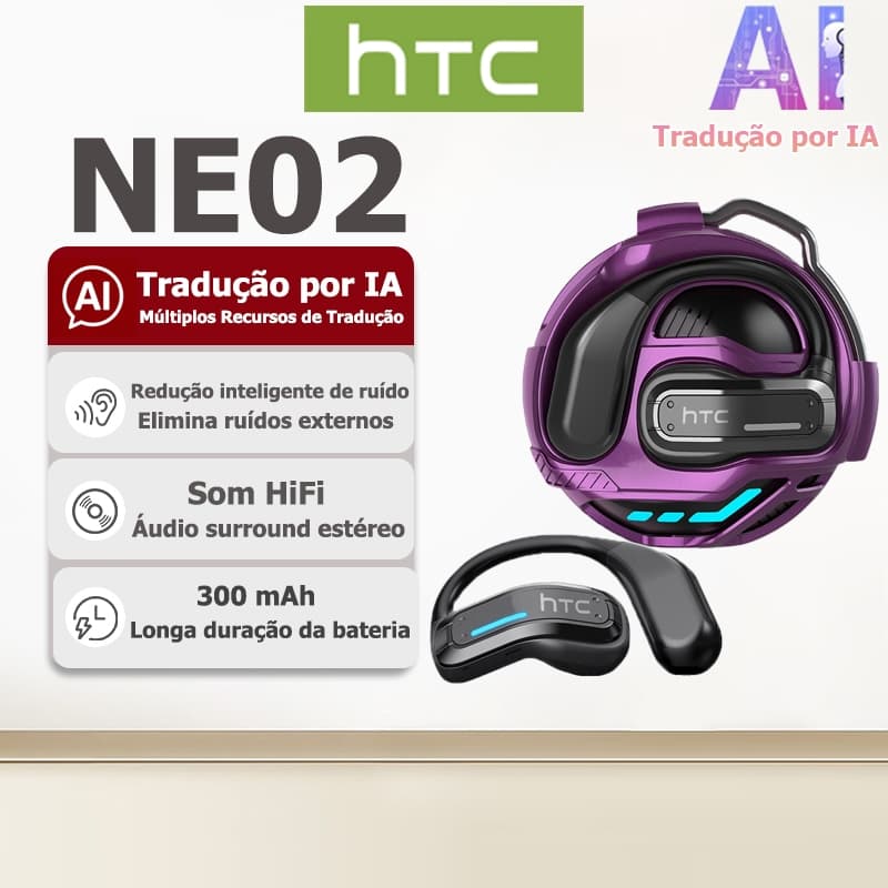 Fone Bluetooth HTC NE02 estilo meca com tradução por IA, fone sem fio Bluetooth 6.0, som HiFi e cancelamento de ruído in