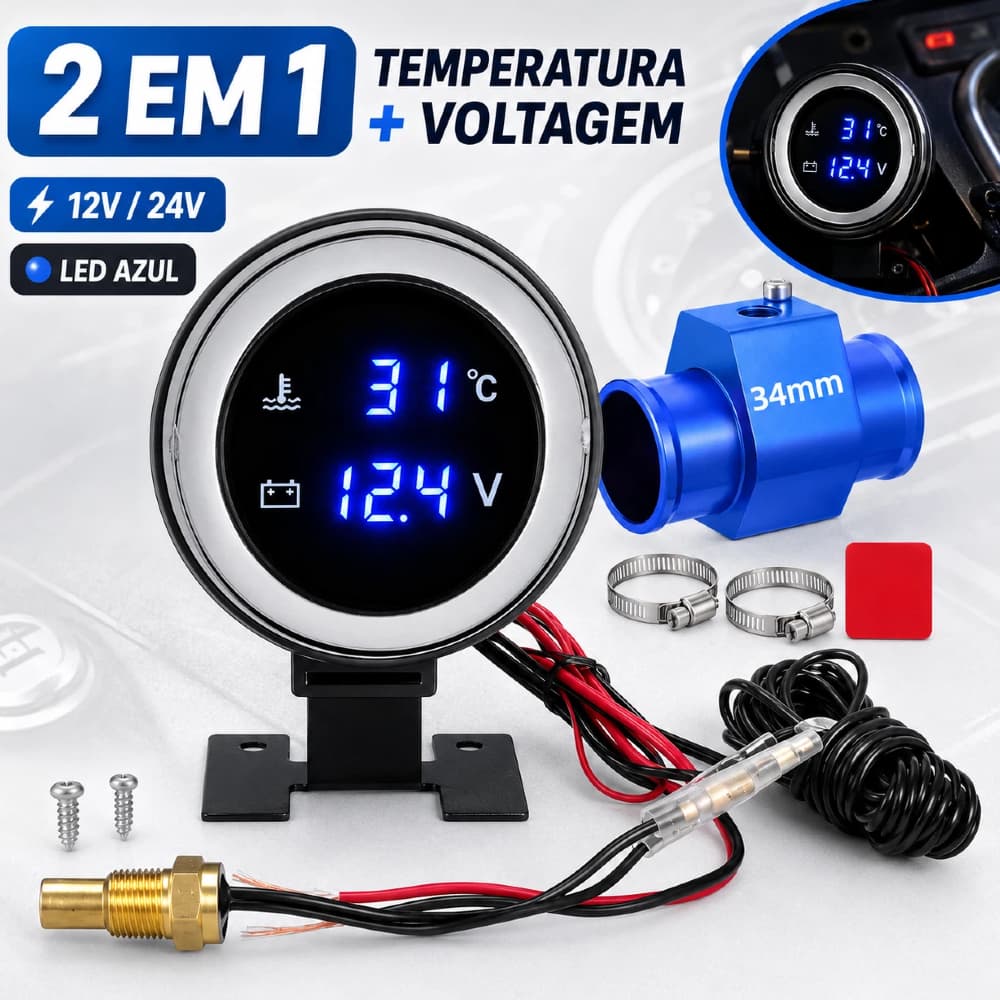 Medidor 2 em 1 12V/24V | Temperatura da Água e Voltímetro com Sensor 10mm - Redondo LED para Caminhão e Moto