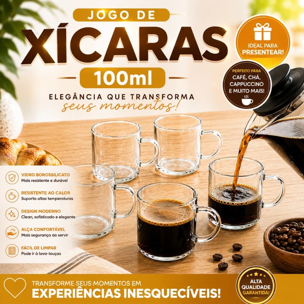 Jogo de Xicaras Transparente 100ml Vidro Borossilicato Café Expresso Chá Caneca Copo Elegância Top!!
