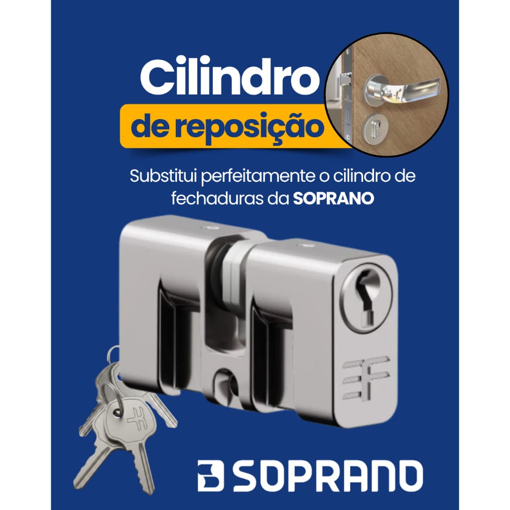 Cilindro de Reposição para Fechadura Soprano 500/600/900 Miolo Tambor 50 mm com 2 Chaves