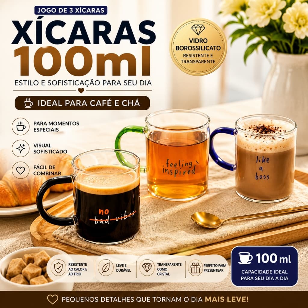 Jogo de Xicaras 100ml Alça Colorida com Frases Vidro Borossilicato Café Capuccino Expresso Copo Chá