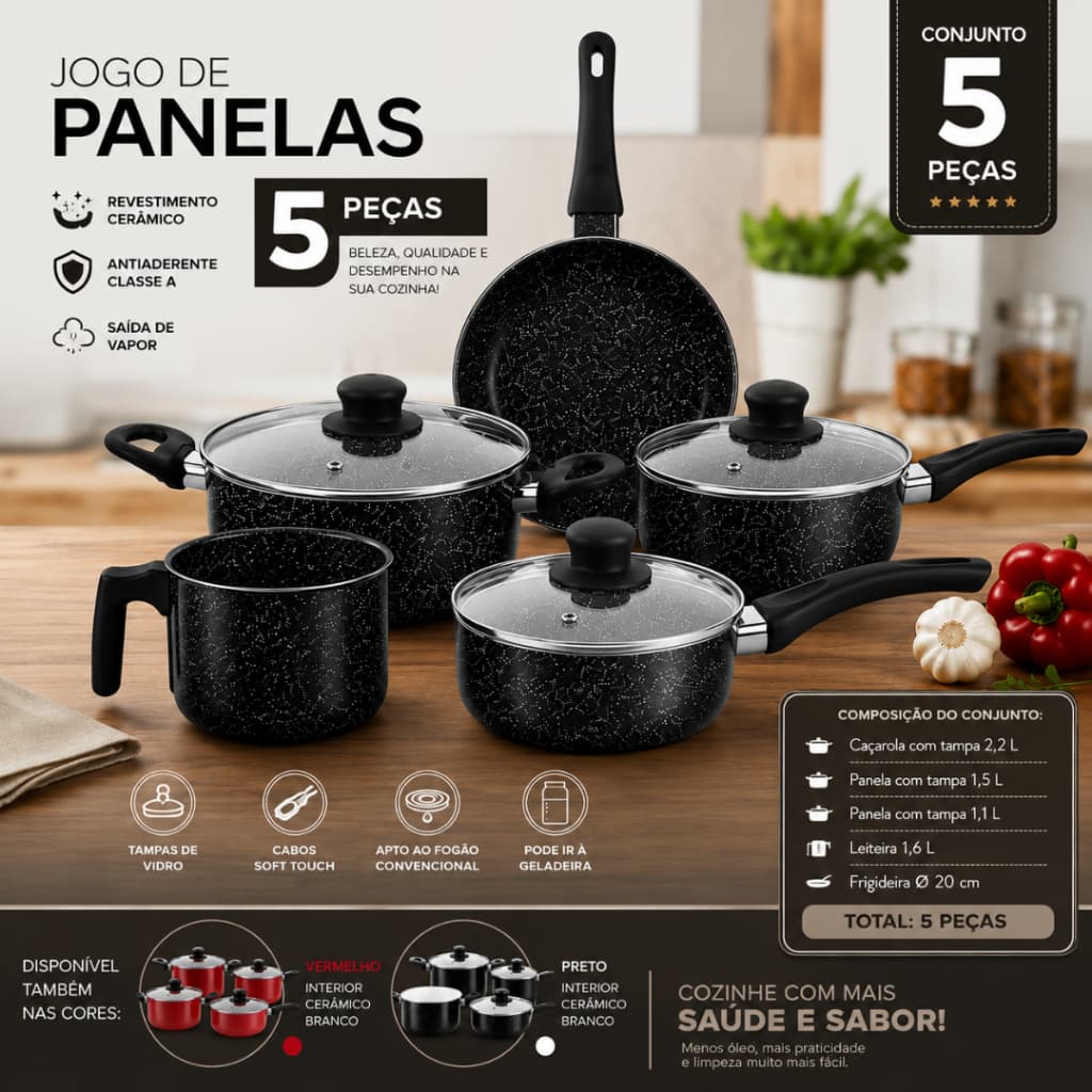 Jogo 5 Panelas Berlim Preto Revestimento Cerâmico Antiadherente Cabo Ergonômico Cozinha Moderna