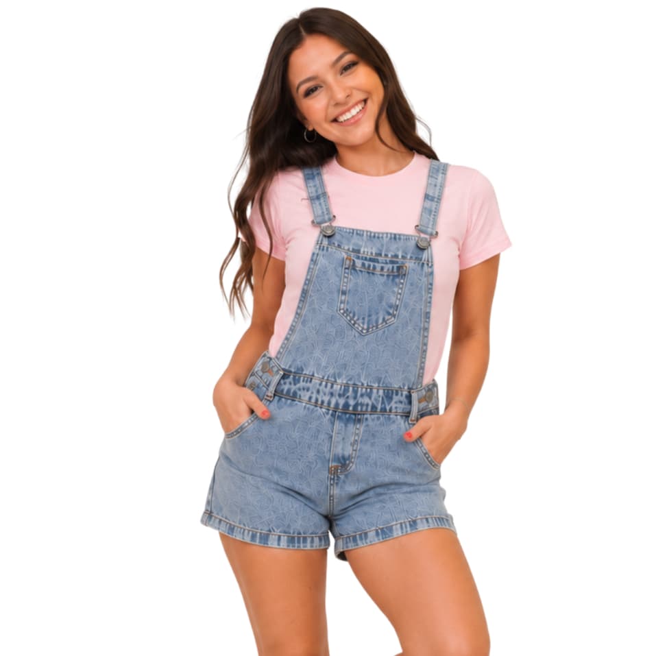 Jardineira Jeans Juvenil Menina Macaquinho Short Marmorizada 10 ao 16
