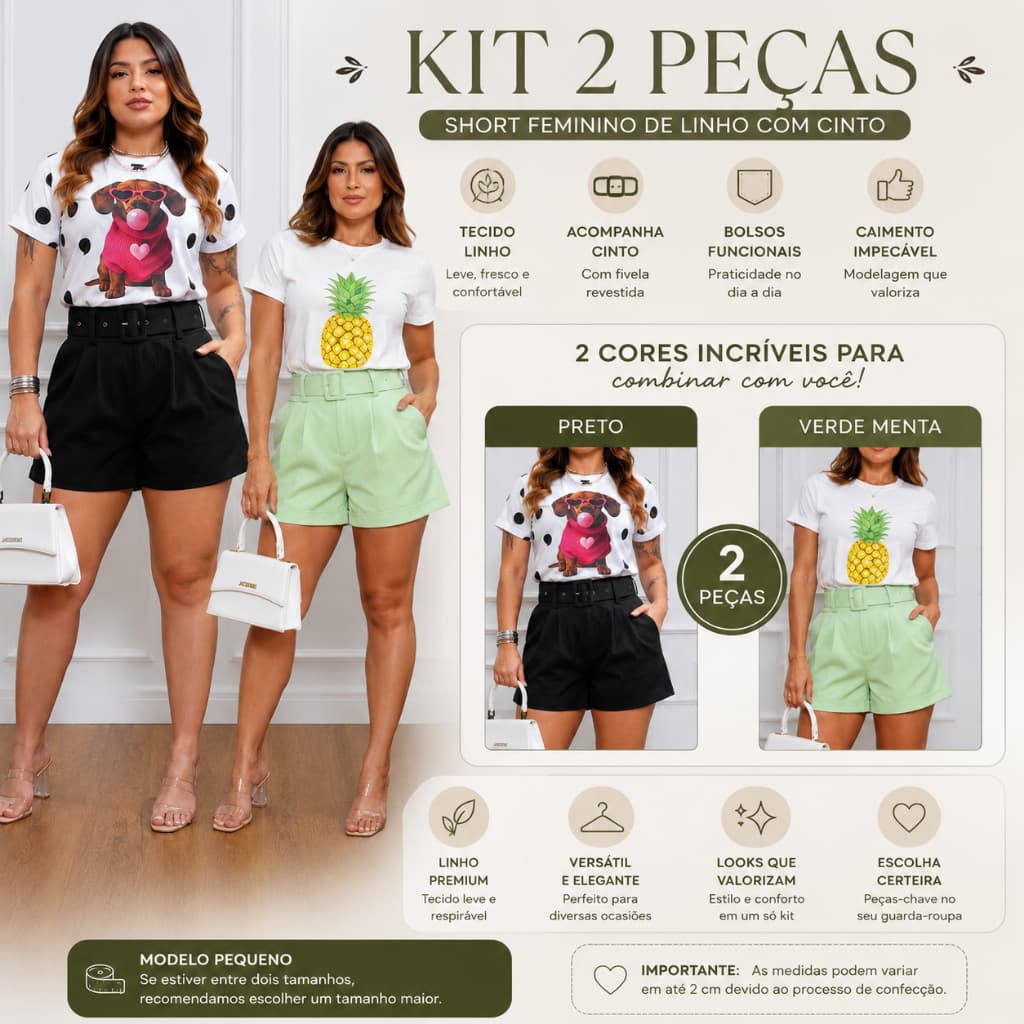 Kit 2 Shorts Femininos de Linho com Cinto Cintura Alta Alfaiataria Premium Casual Elegante Confortável