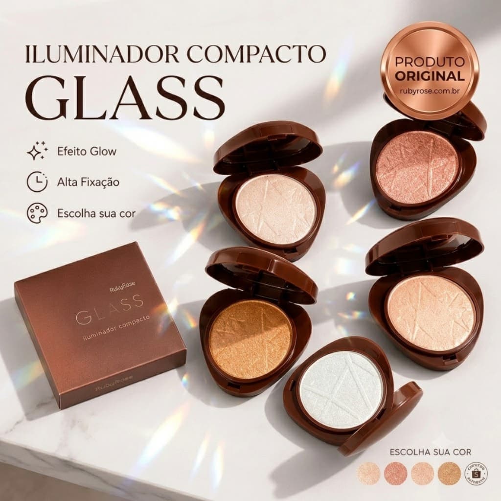 Iluminador Compacto Ruby Rose Glass com Efeito Glow Natural 9g