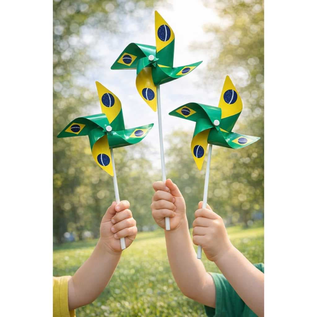 Kit 36 Catavento Giratório Escolar Decoração Brasil Papel Couchê Haste em Plastico 4 Pontas