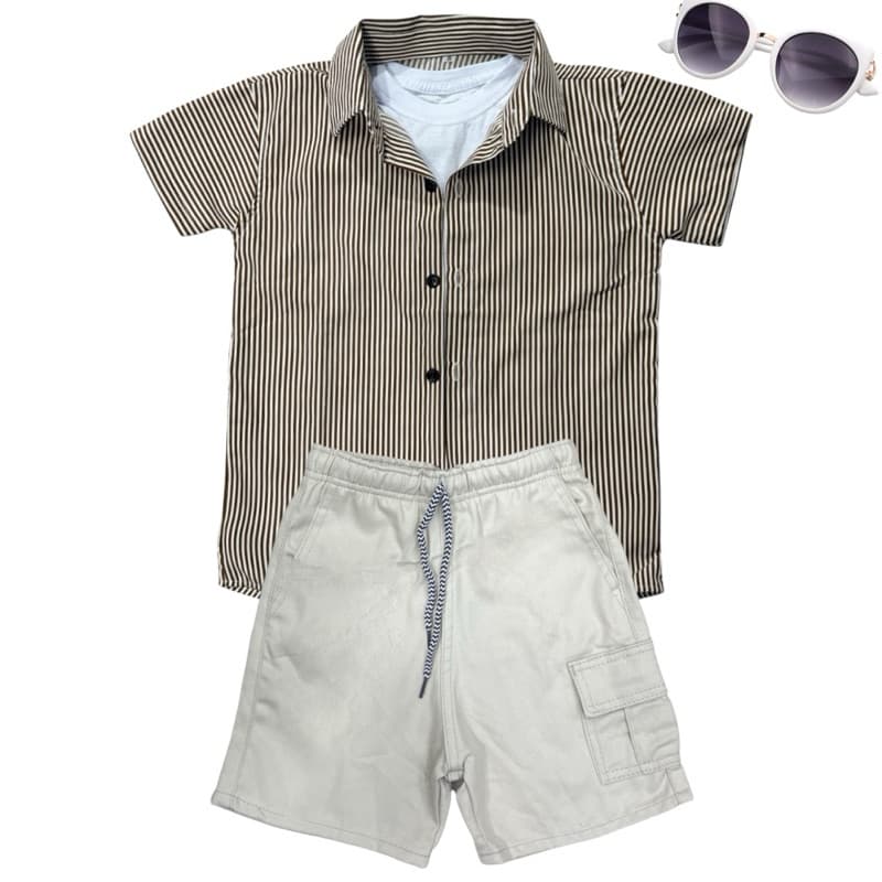 Conjunto Camisa Social Listrada Marrom Com Bermuda Cargo Bege Elástico Menino Infantil