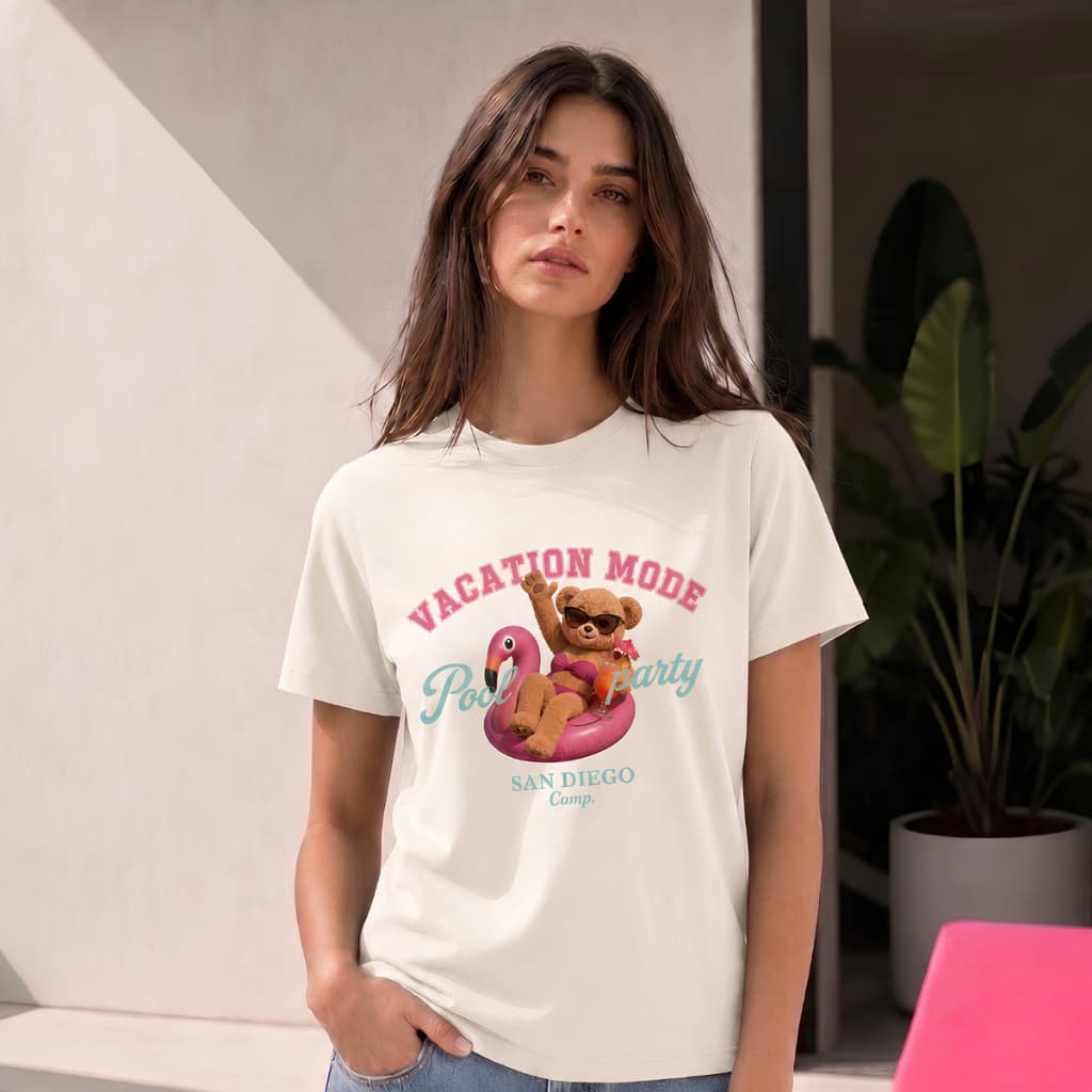 T- Shirt Feminina Básica Blusinha Estampa Urso Férias Festa Na Piscina Verão Boia Flamingo Sol Calor Tendencia