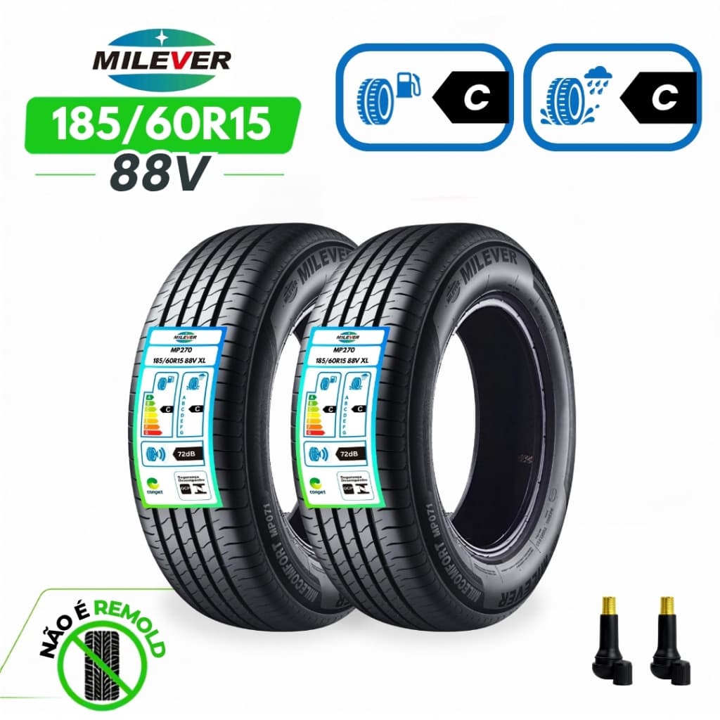Pneu 185/60 R15 Milever XL Alta Classe C/C 88V Kit 2 Pneus Novos + Bicos de r