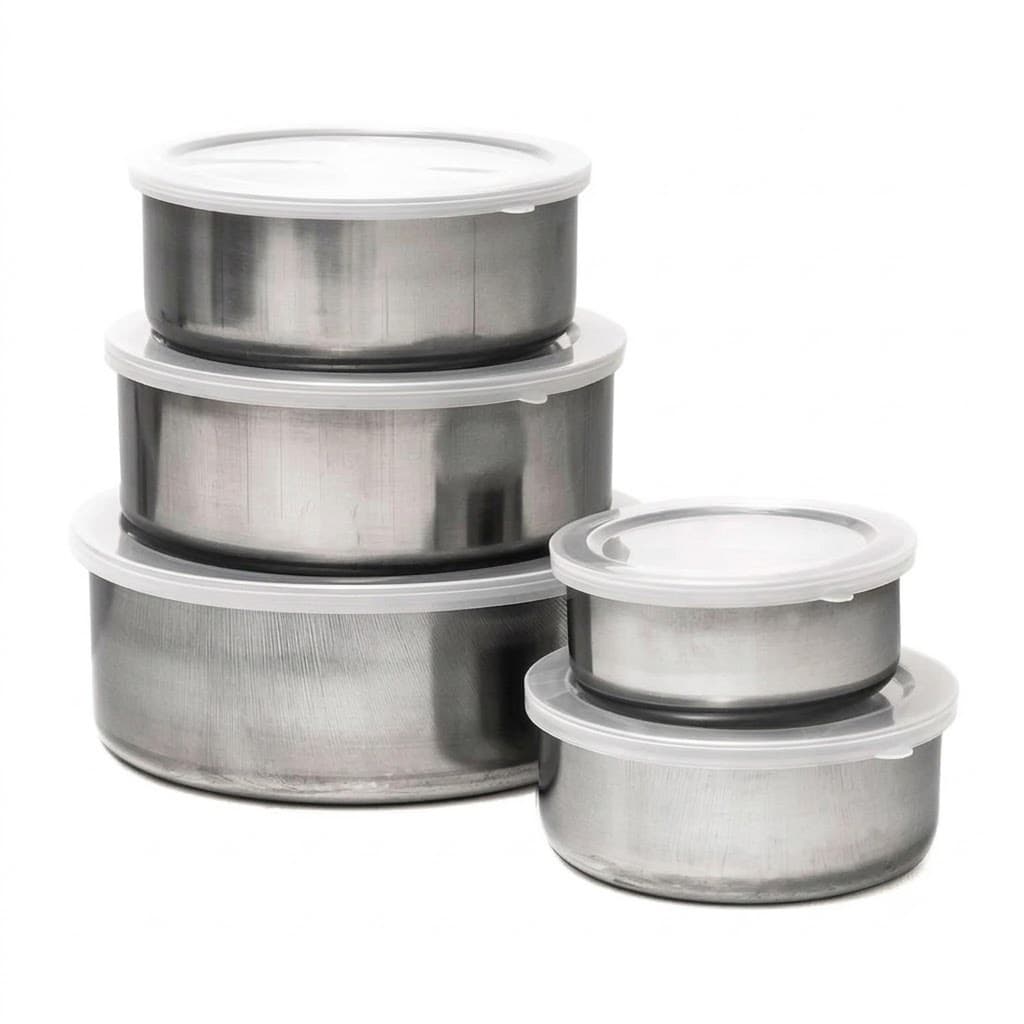 Conjunto de 5 Potes Herméticos Inox Redondos Com Tampa Plástica | Organizador Geladeira Porta Mantimentos Cozinha