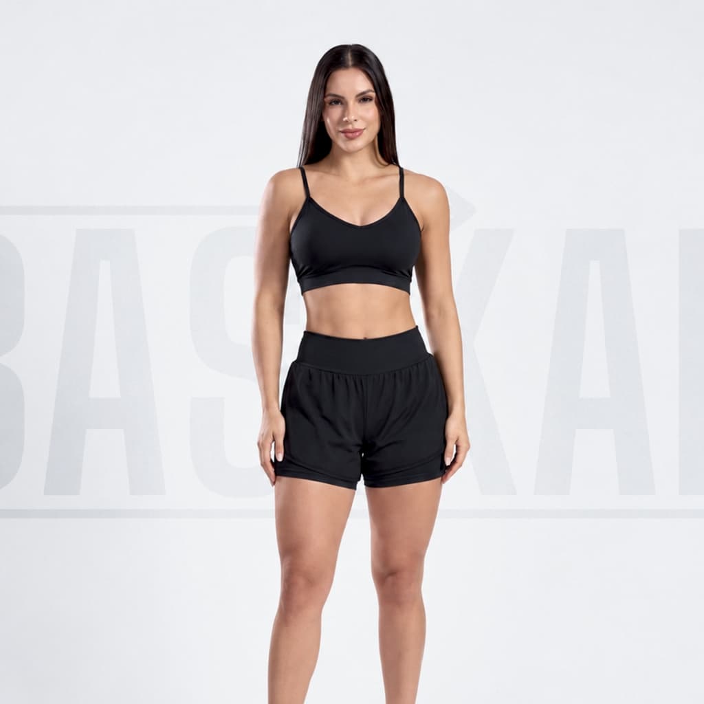 Conjunto Fitness Feminino Short Duplo + Top com Bojo Removível Dry Fit Academia Corrida