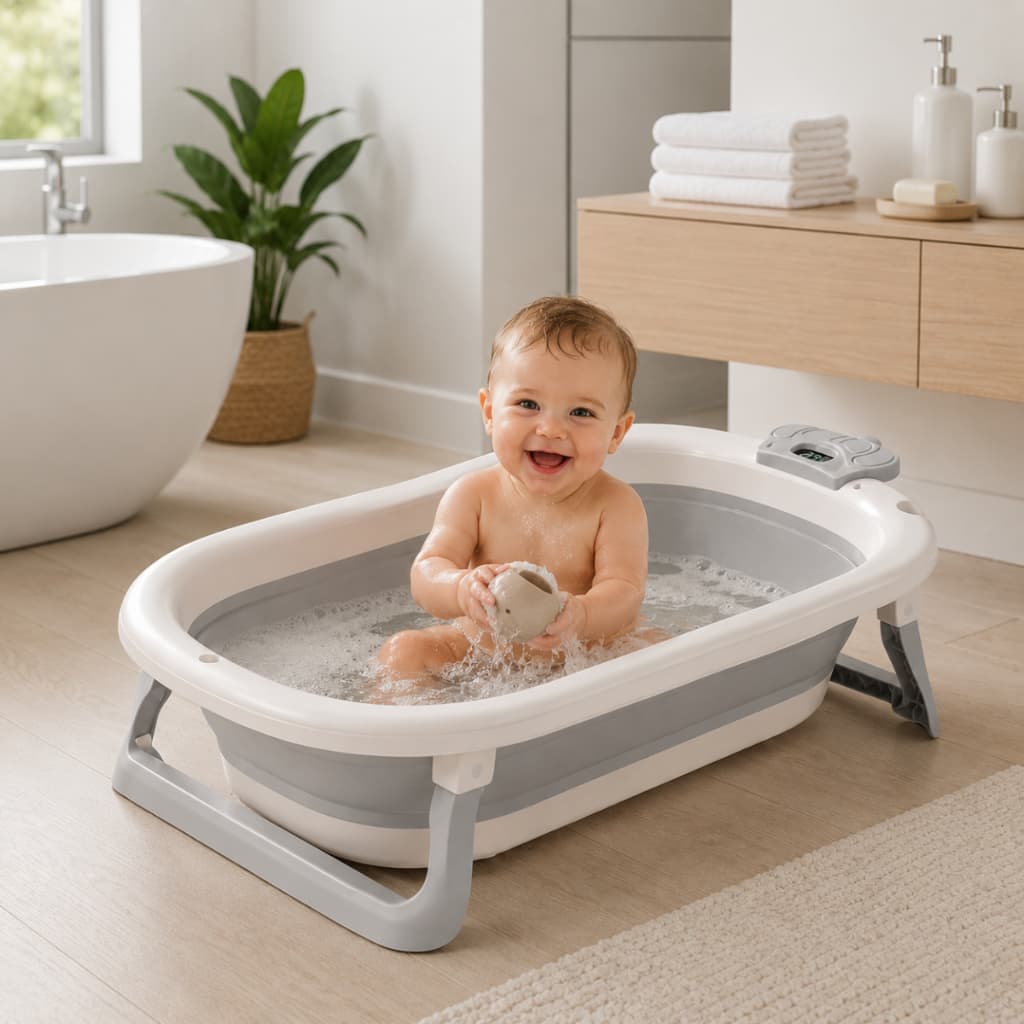 Banheira Infantil Bebê Dobrável 74cm Termômetro Visor Digital Compacta Portátil