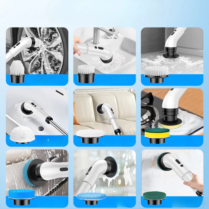 Escova de Limpeza Elétrica Recarregável Giratória - Ajustável 9 em 1 Branco com Cabo Alongador