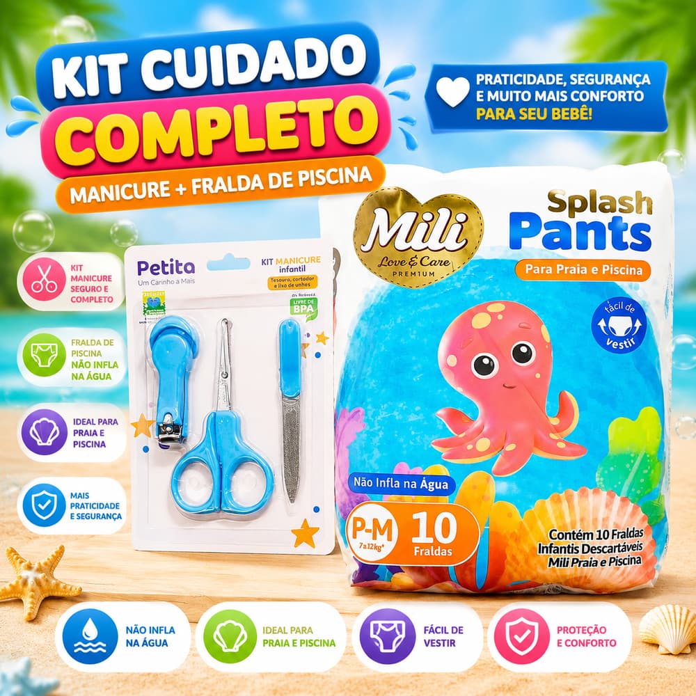 Kit Fralda Piscina Mili Splash 10 Unidades + Kit Manicure Bebê | Praia Piscina Higiene Infantil