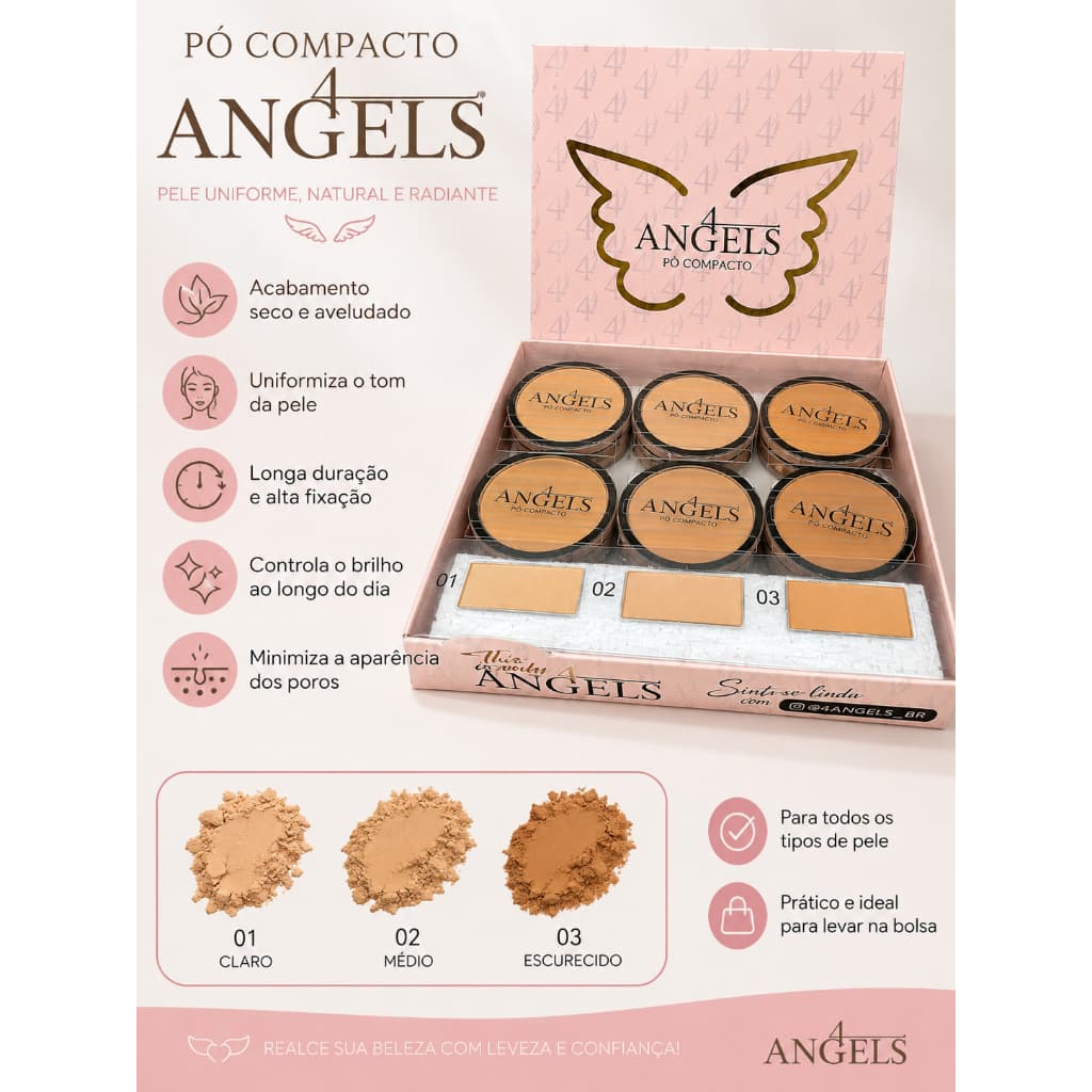 Pó Compacto Facial 4 Angels Efeito Aveludado Controle de Oleosidade Longa Duração