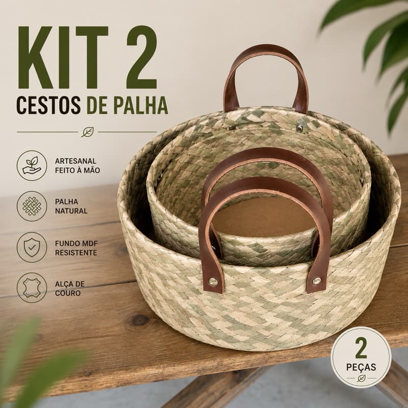 Kit 2 Cestos de Palha Artesanal com Fundo MDF e Alça de Couro Organizadores Decorativos