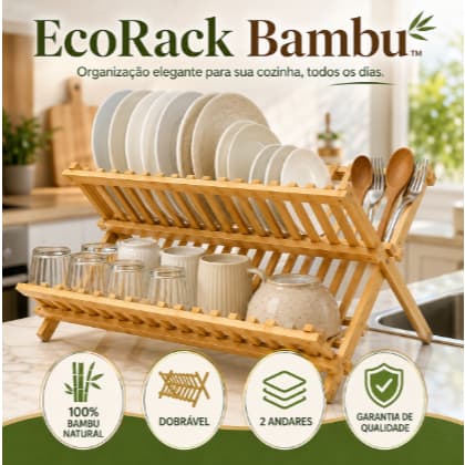 Escorredor de Louças Dobrável 2 Andares em Bambu EcoRack Bambu Organizador de Cozinha Porta Pratos Copos